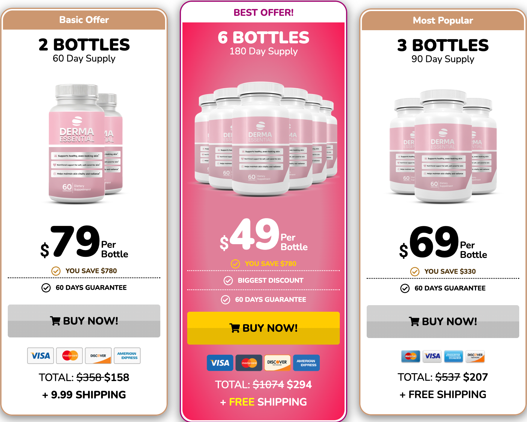 DermaEssential pricing packages - 2, 3, and 6 bottle options